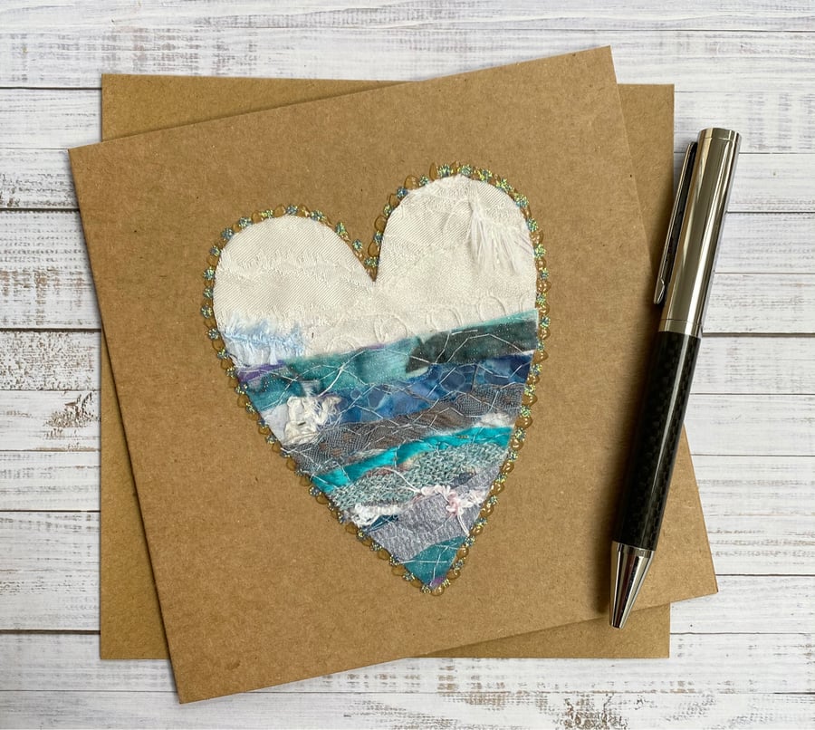 Up-cycled seascape embroidered heart card. 