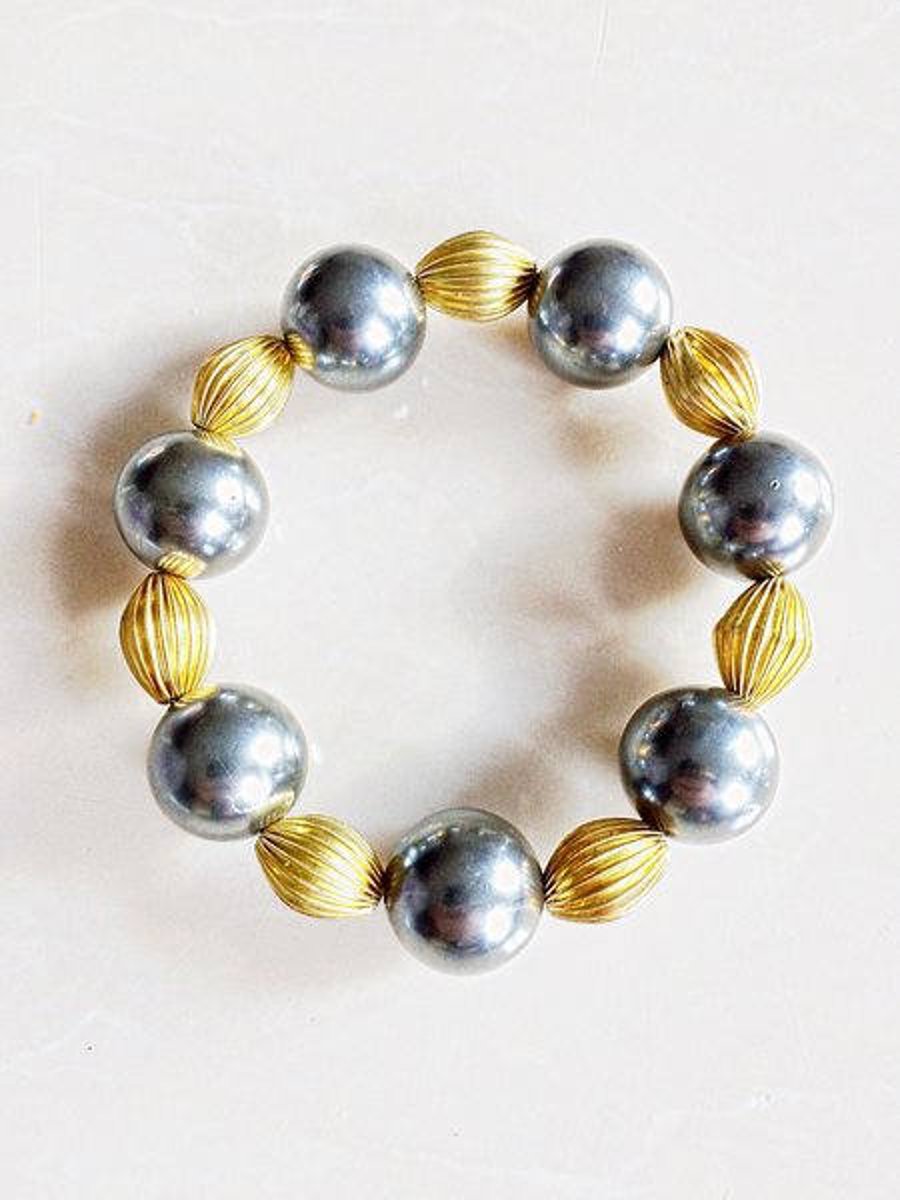 Gold Beaded & Chunky Grey Bracelet with Matching Earrings