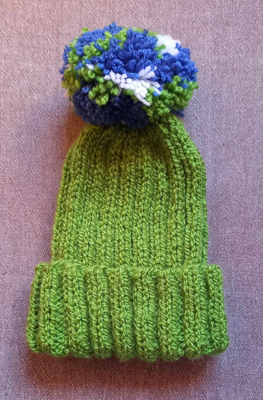 Adult ribbed bobble hat bright green with hand sewn chunky bobble