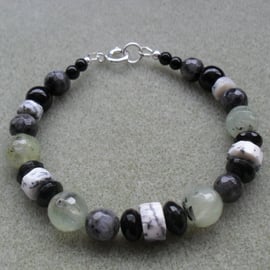 Dendrite Opal Prehnite Lavakite and Agate Sterling Silver Bracelet