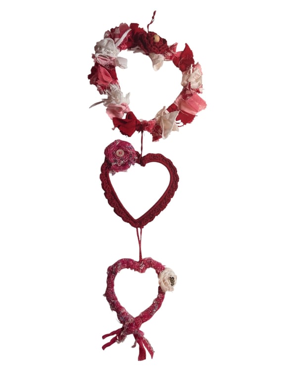 Set of 3 Upcycled Hanging Hearts Wall Decoration -Reclaimed Yarn & fabric