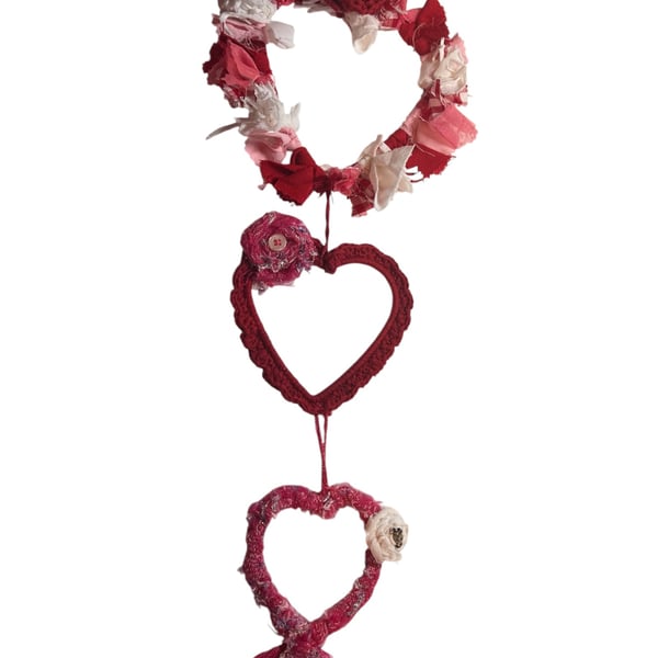 Set of 3 Upcycled Hanging Hearts Wall Decoration -Reclaimed Yarn & fabric