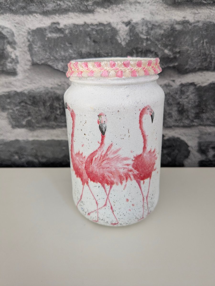Decoupaged flamingo vase, pencil holder, container