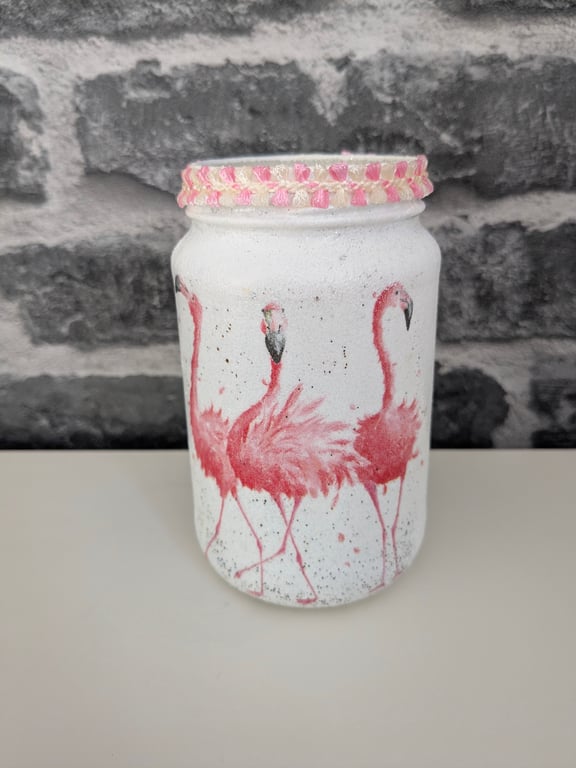 Decoupaged flamingo vase, pencil holder, container