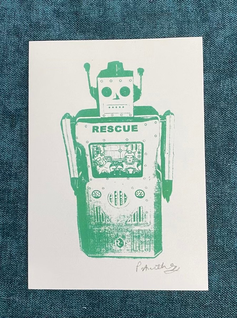 green rescue robot card and envelope, A6, retro, vintage robot. free p&p
