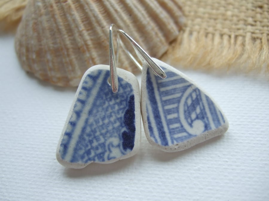 Scottish sea pottery blue jewellery, Swirl pattern sterling silver pottery