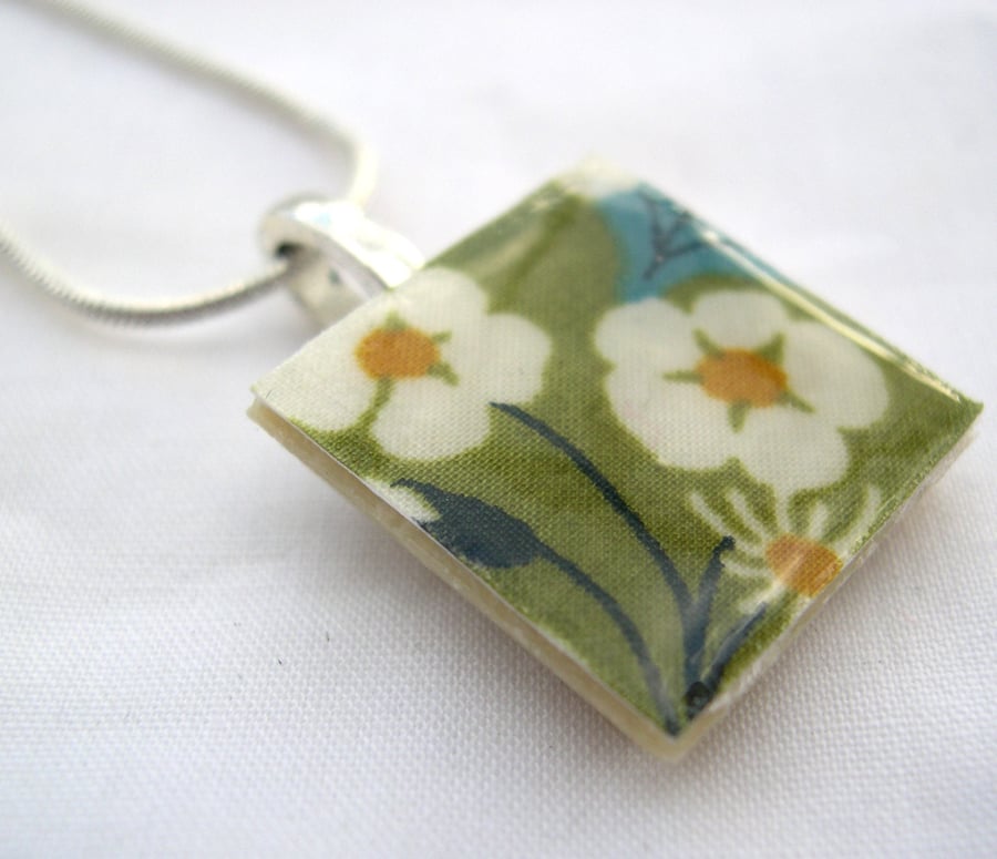 Silver Plated Ceramic Tile Necklace Liberty of London Print Resin Pendant