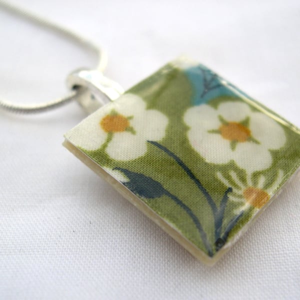 Silver Plated Ceramic Tile Necklace Liberty of London Print Resin Pendant