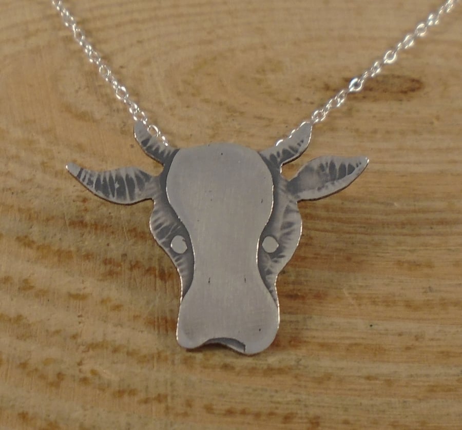 Sterling Silver Etched Cow Necklace
