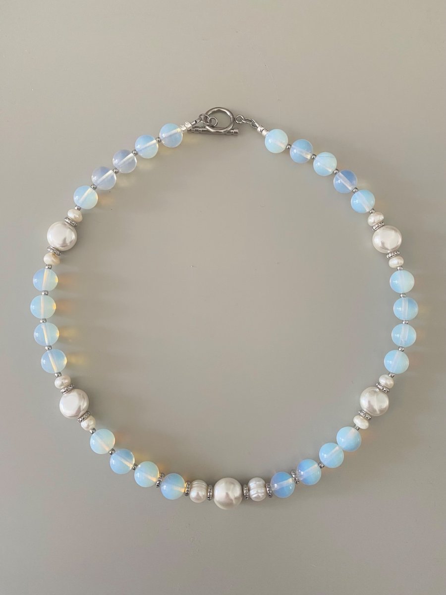 Handmade Opalite & Freshwater Pearl Necklace - Blue Opalite Beads 