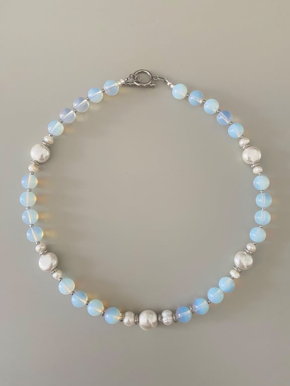 Handmade Opalite & Freshwater Pearl Necklace - Blue Opalite Beads 