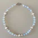 Handmade Opalite & Freshwater Pearl Necklace - Blue Opalite Beads 