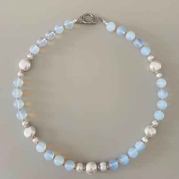 Handmade Opalite & Freshwater Pearl Necklace - Blue Opalite Beads 