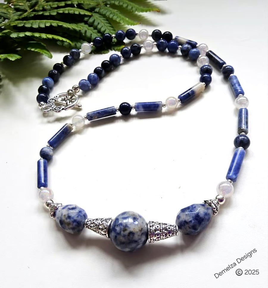 Designer Sodalite, Spotted Blue Jasper & Quartz Necklace 