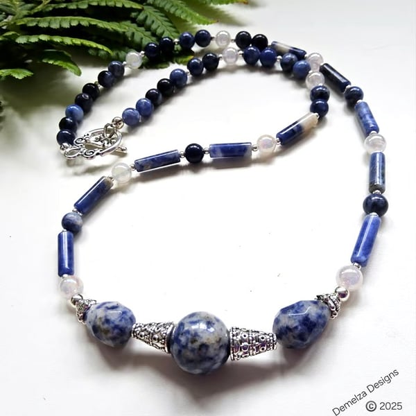 Designer Sodalite, Spotted Blue Jasper & Quartz Necklace 