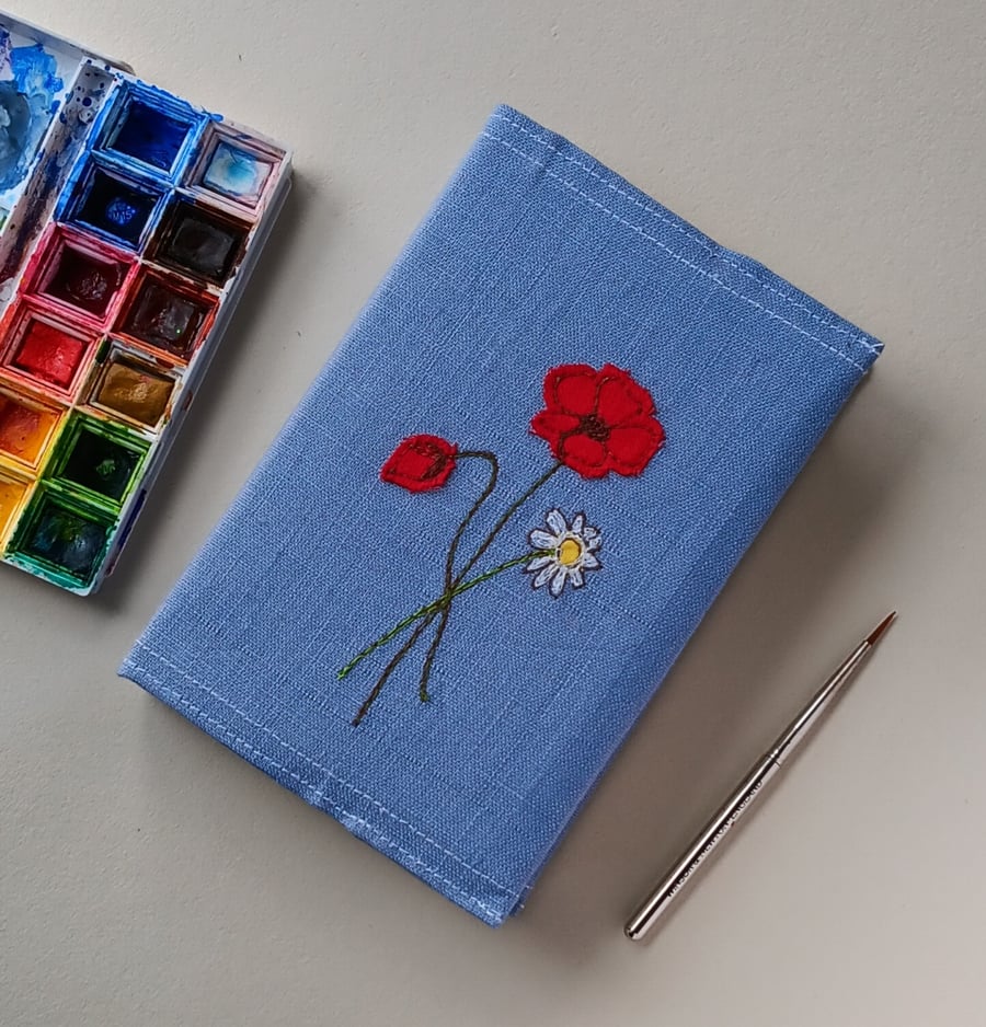 A6 Sketchbook with Embroidered Poppies and Daisy Cover