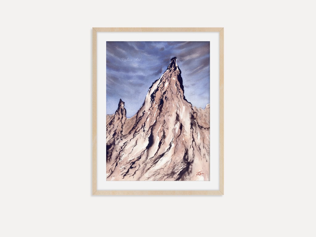 Pastel Lavender Mountain Peak Art Print, Rocky Landscape Watercolor Wall Art