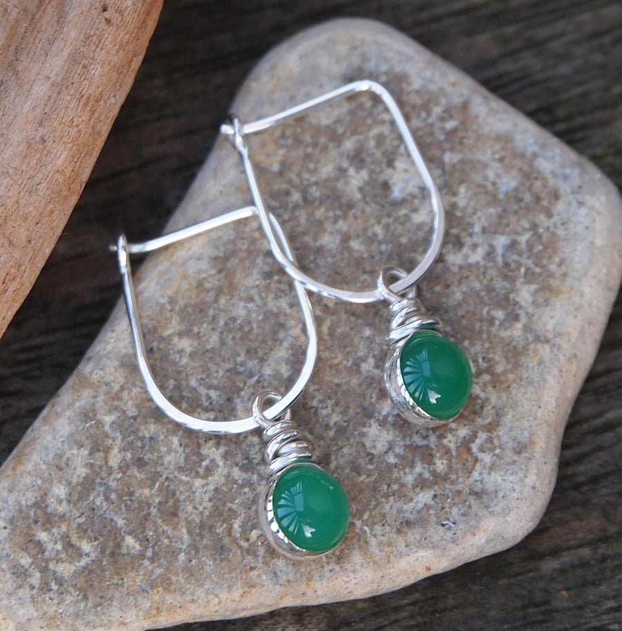 Green onyx earrings, silver drop earrings