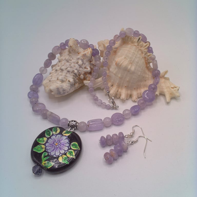 Lilac Glass Bead Necklace with a Floral Black Glass Pendant and Earrings 