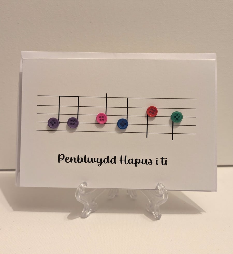 Penblwydd Hapus (Happy birthday) musical button notes Welsh greetings card 