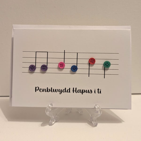 Penblwydd Hapus (Happy birthday) musical button notes Welsh greetings card 