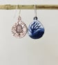 Navy and white oval teardrop dangle earrings in copper and enamel with trees - Image 5