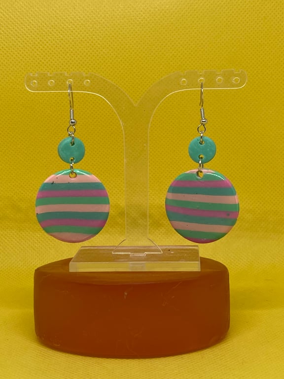 Vibrant Striped Polymer Clay Dangle Earrings - Teal & Pink Statement Jewelry