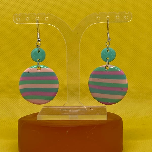Vibrant Striped Polymer Clay Dangle Earrings - Teal & Pink Statement Jewelry