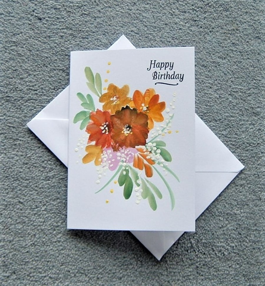 hand painted floral watercolour birthday card ( ref F 109 )