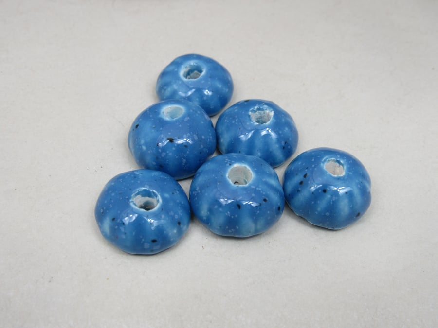 6 Small Cornflower Blue Half-round Ceramic Flower Beads