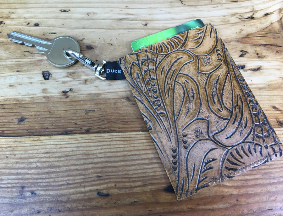 Embossed leather card holder & key clip, travel pass, Oyster card, earphones