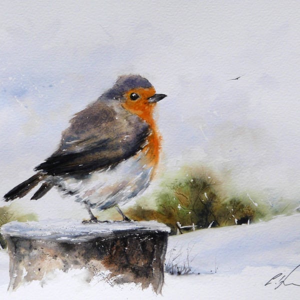 A Winter Robin, Original Watercolour Painting.