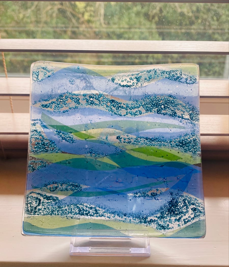 Handmade fused glass ocean inspired dish 