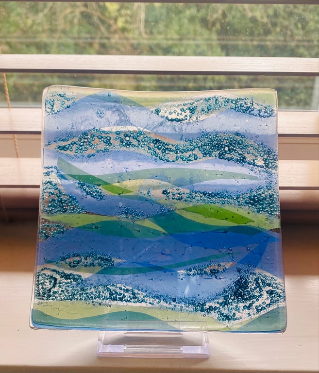 Handmade fused glass ocean inspired dish 