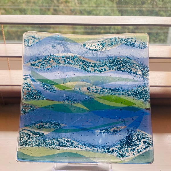 Handmade fused glass ocean inspired dish 