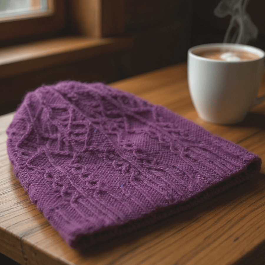 Floral Twist hand knitted beanie hat in recycled yarn