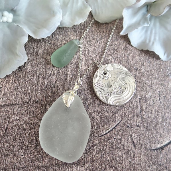 Grey and Aqua Waves Scottish Sea Glass and Silver Necklace