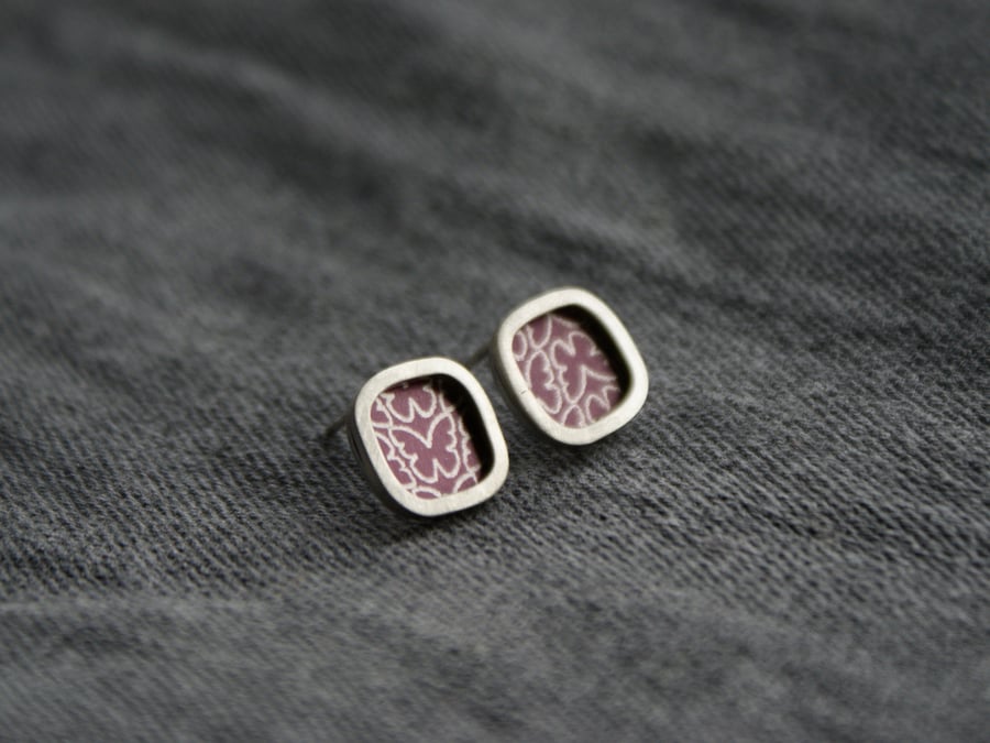 Plum butterfly studs - silver square