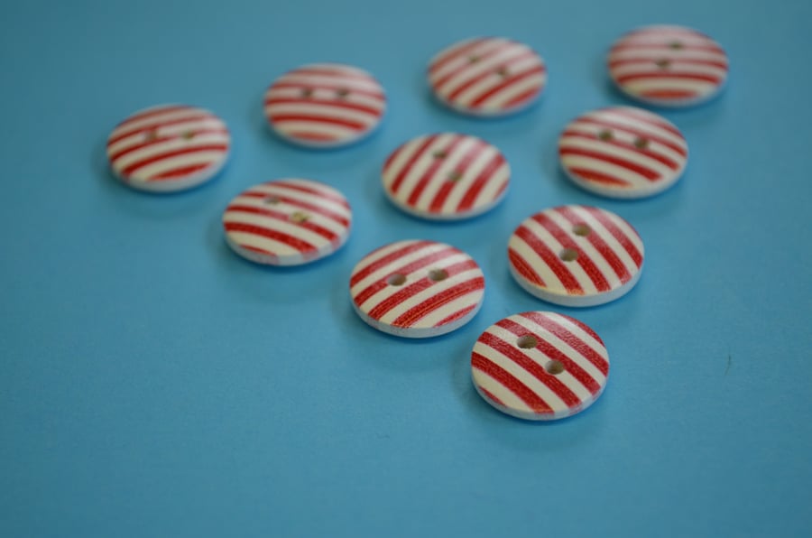 15mm Wooden Striped Buttons Red White 10pk Stripe Stripey (SST6)