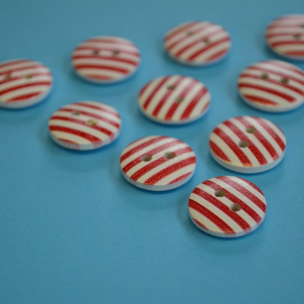 15mm Wooden Striped Buttons Red White 10pk Stripe Stripey (SST6)