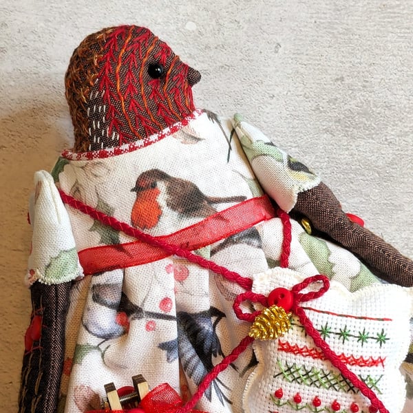 Special Order for Helen   A  Tiny Hand Embroidered Christmas Robin Folk Art Doll