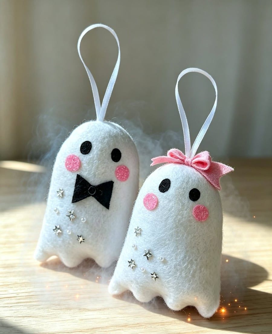Hand stitched Felt Ghost Couple ornaments 
