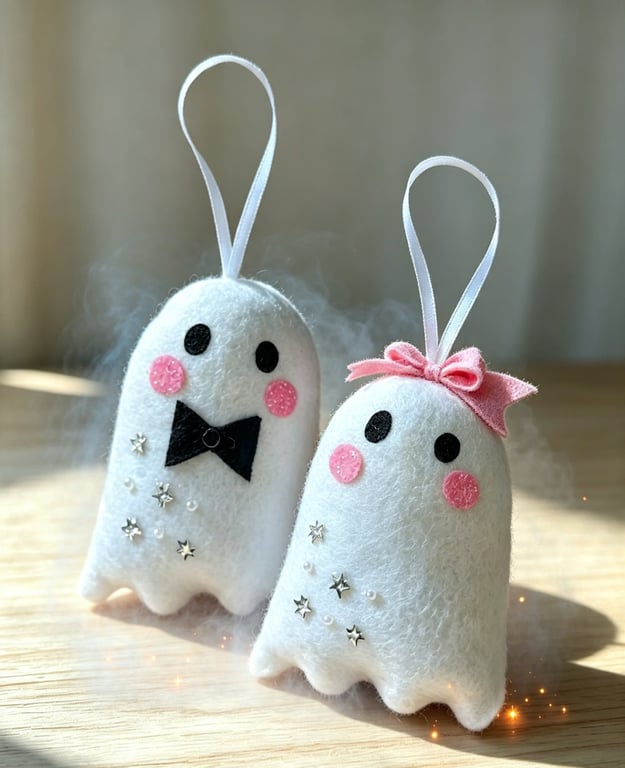 Hand stitched Felt Ghost Couple ornaments 