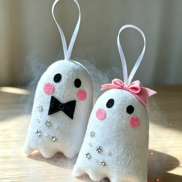 Hand stitched Felt Ghost Couple ornaments 