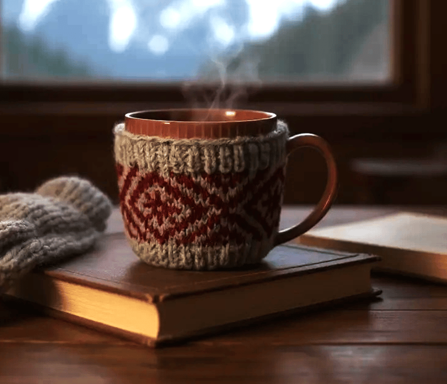 Knitted Cream & Red Mug Cosy