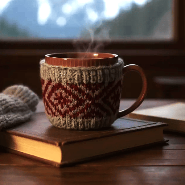 Knitted Cream & Red Mug Cosy
