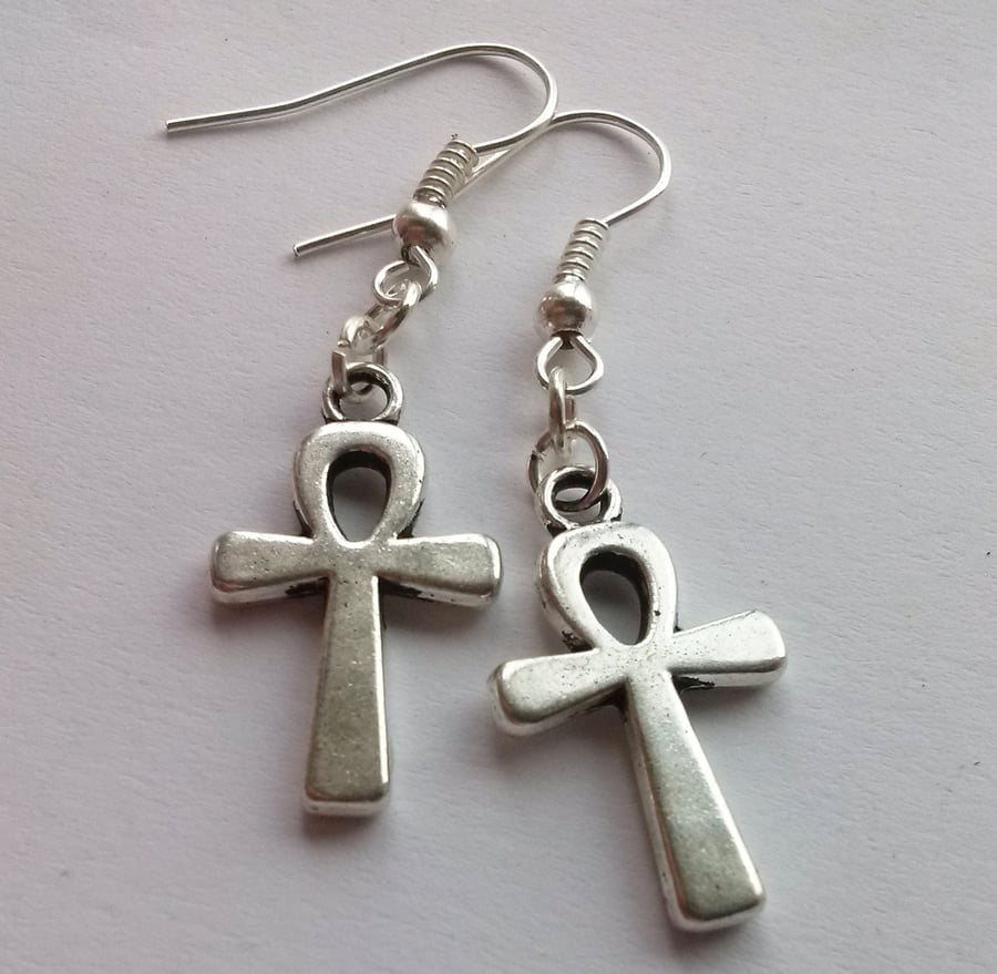 Ankh Cross Crux Drop Dangle Earrings Silver Plate 