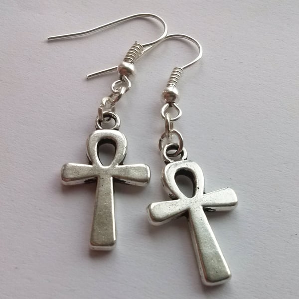 Ankh Cross Crux Drop Dangle Earrings Silver Plate 