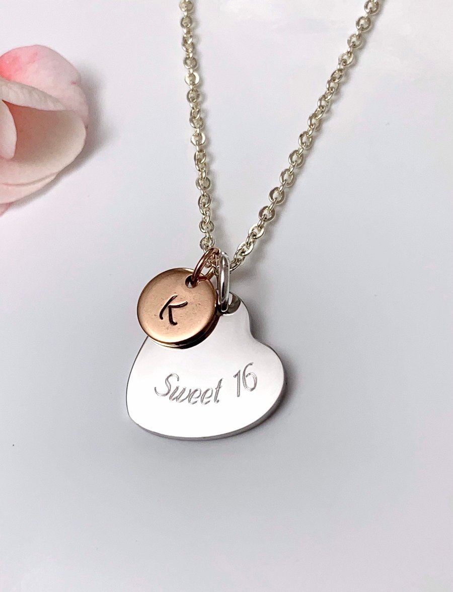 Personalised SWEET 16 Necklace Mirror Polished Pendant Rose Gold & Initial