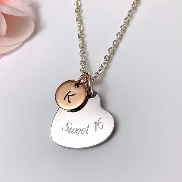 Personalised SWEET 16 Necklace Mirror Polished Pendant Rose Gold & Initial